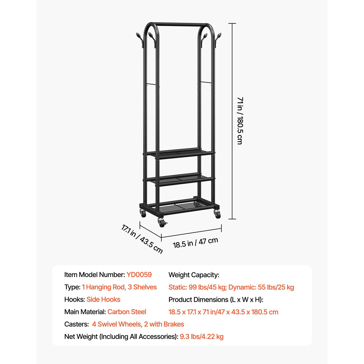 Clothes Rack, Rolling Clothing Garment Rack with Hanging Rod and Side Hooks, 3 Storage Shelves, 99 lbs Load Capacity, Heavy Duty Carbon Steel Clothing Racks for Bedroom, Laundry, Living Room