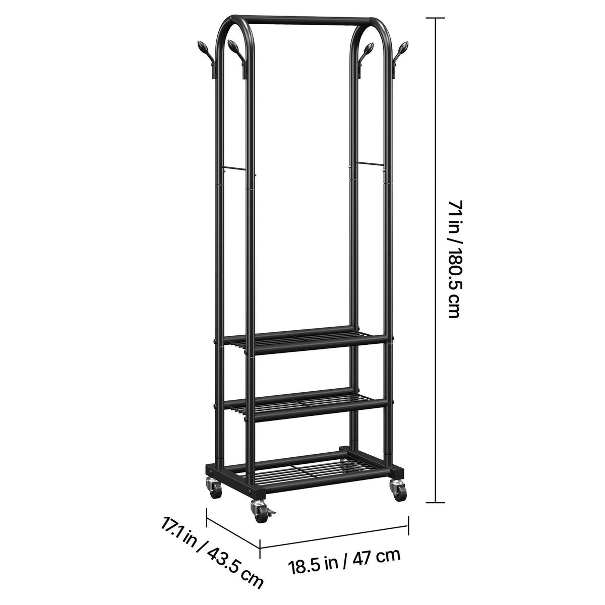 Clothes Rack, Rolling Clothing Garment Rack with Hanging Rod and Side Hooks, 3 Storage Shelves, 99 lbs Load Capacity, Heavy Duty Carbon Steel Clothing Racks for Bedroom, Laundry, Living Room
