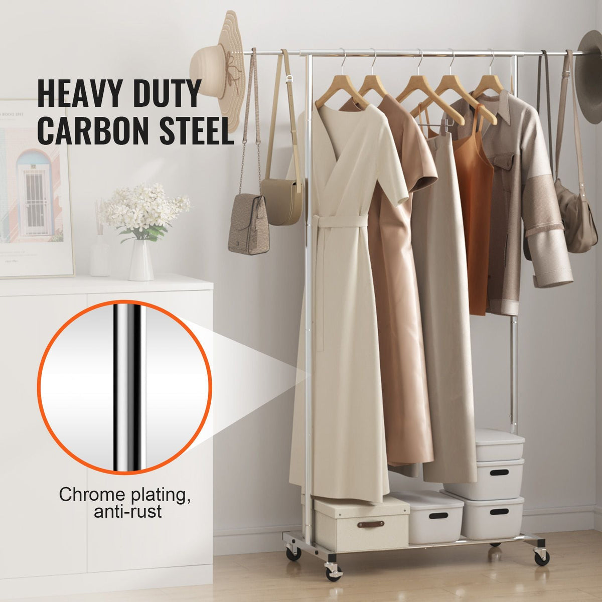 Clothes Rack with Wheels, Heavy Duty Clothing Garment Rack with Hanging Rod and Bottom Storage Area, Adjustable Length Clothing Rack, 2 Lockable Wheels