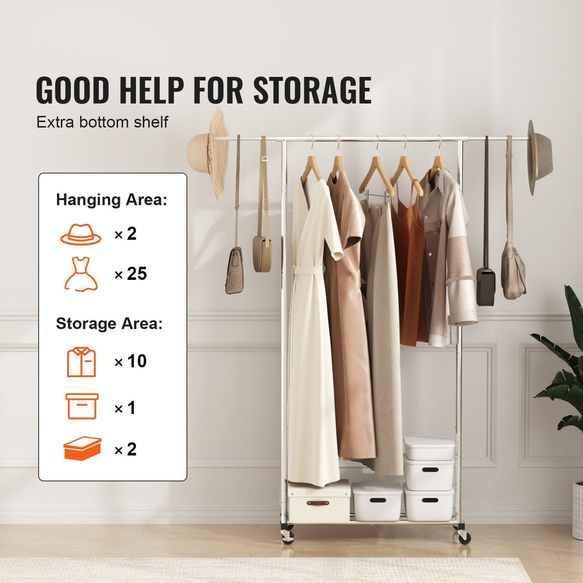 Clothes Rack with Wheels, Heavy Duty Clothing Garment Rack with Hanging Rod and Bottom Storage Area, Adjustable Length Clothing Rack, 2 Lockable Wheels