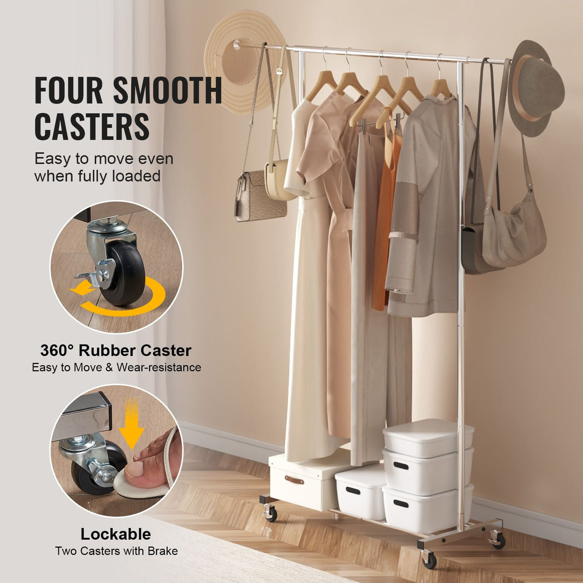 Clothes Rack with Wheels, Heavy Duty Clothing Garment Rack with Hanging Rod and Bottom Storage Area, Adjustable Length Clothing Rack, 2 Lockable Wheels
