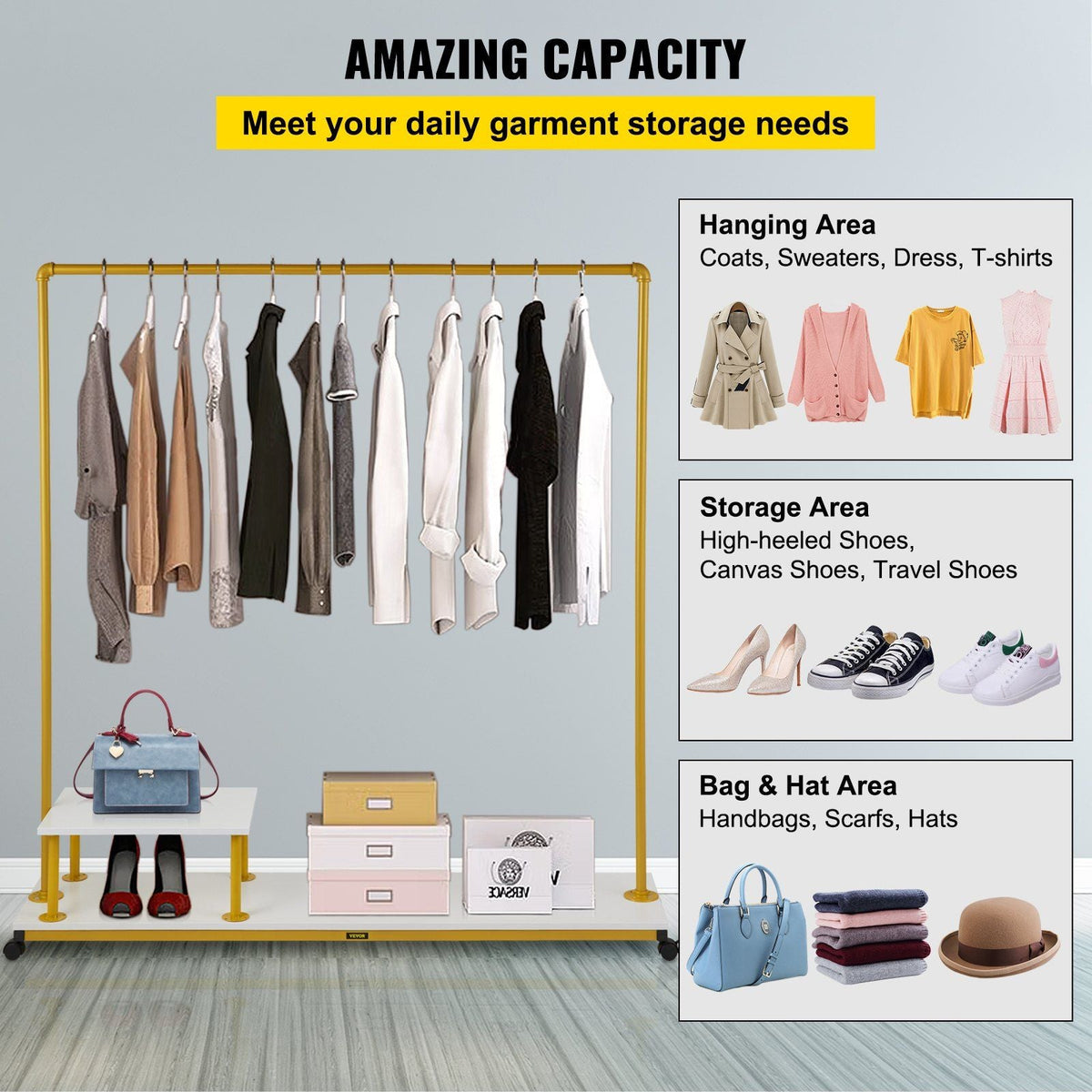 Clothing Garment Rack, 59.1\"x14.2\"x63.0\", Heavy-Duty Clothes Rack with Bottom Shelf & Side Shelf, 4 Swivel Casters, Sturdy Steel Frame, Rolling Clothes Organizer for Retail Store Boutique, Go