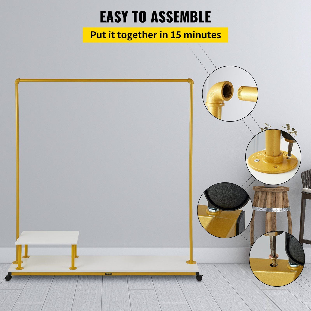 Clothing Garment Rack, 59.1\"x14.2\"x63.0\", Heavy-Duty Clothes Rack with Bottom Shelf & Side Shelf, 4 Swivel Casters, Sturdy Steel Frame, Rolling Clothes Organizer for Retail Store Boutique, Go