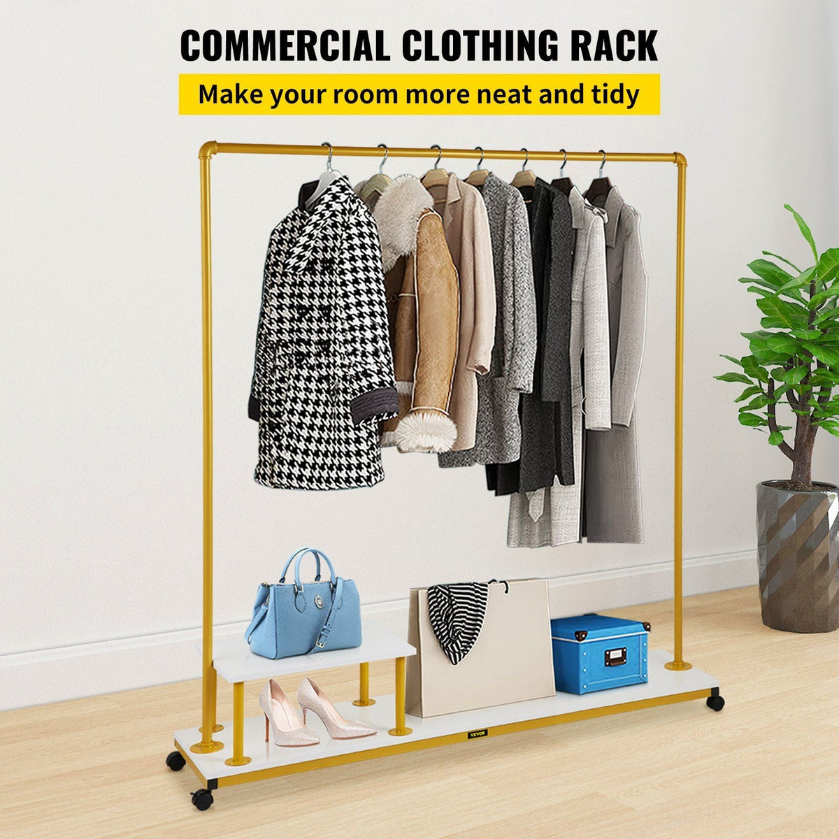 Clothing Garment Rack, 59.1\"x14.2\"x63.0\", Heavy-Duty Clothes Rack with Bottom Shelf & Side Shelf, 4 Swivel Casters, Sturdy Steel Frame, Rolling Clothes Organizer for Retail Store Boutique, Go