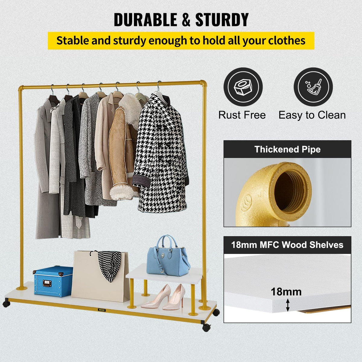 Clothing Garment Rack, 59.1\"x14.2\"x63.0\", Heavy-Duty Clothes Rack with Bottom Shelf & Side Shelf, 4 Swivel Casters, Sturdy Steel Frame, Rolling Clothes Organizer for Retail Store Boutique, Go