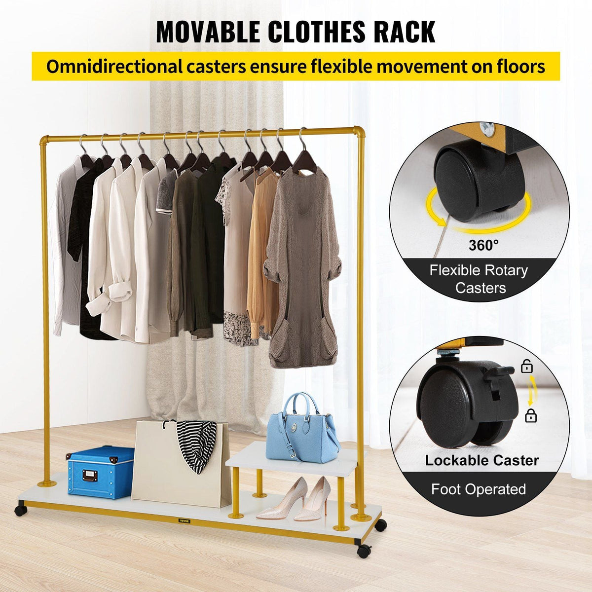 Clothing Garment Rack, 59.1\"x14.2\"x63.0\", Heavy-Duty Clothes Rack with Bottom Shelf & Side Shelf, 4 Swivel Casters, Sturdy Steel Frame, Rolling Clothes Organizer for Retail Store Boutique, Go