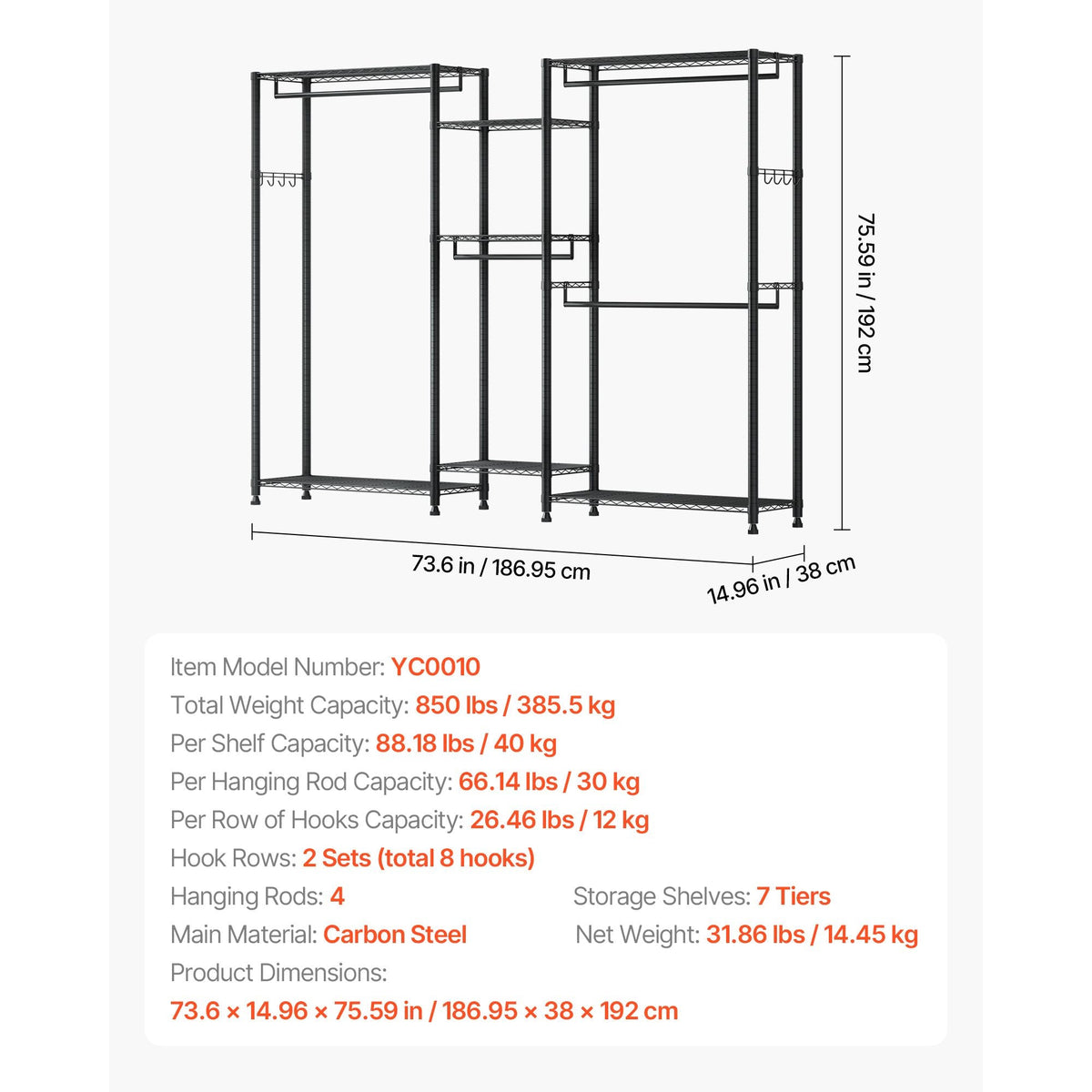 Clothing Garment Rack, Heavy Duty Closet Wardrobe, 7 Adjustable Tiers Clothes Racks with Steel Frame, 850 lbs Load Capacity Clothes Rack with 4 Hanging Rods for Bedroom, Clothing Store, Hallway