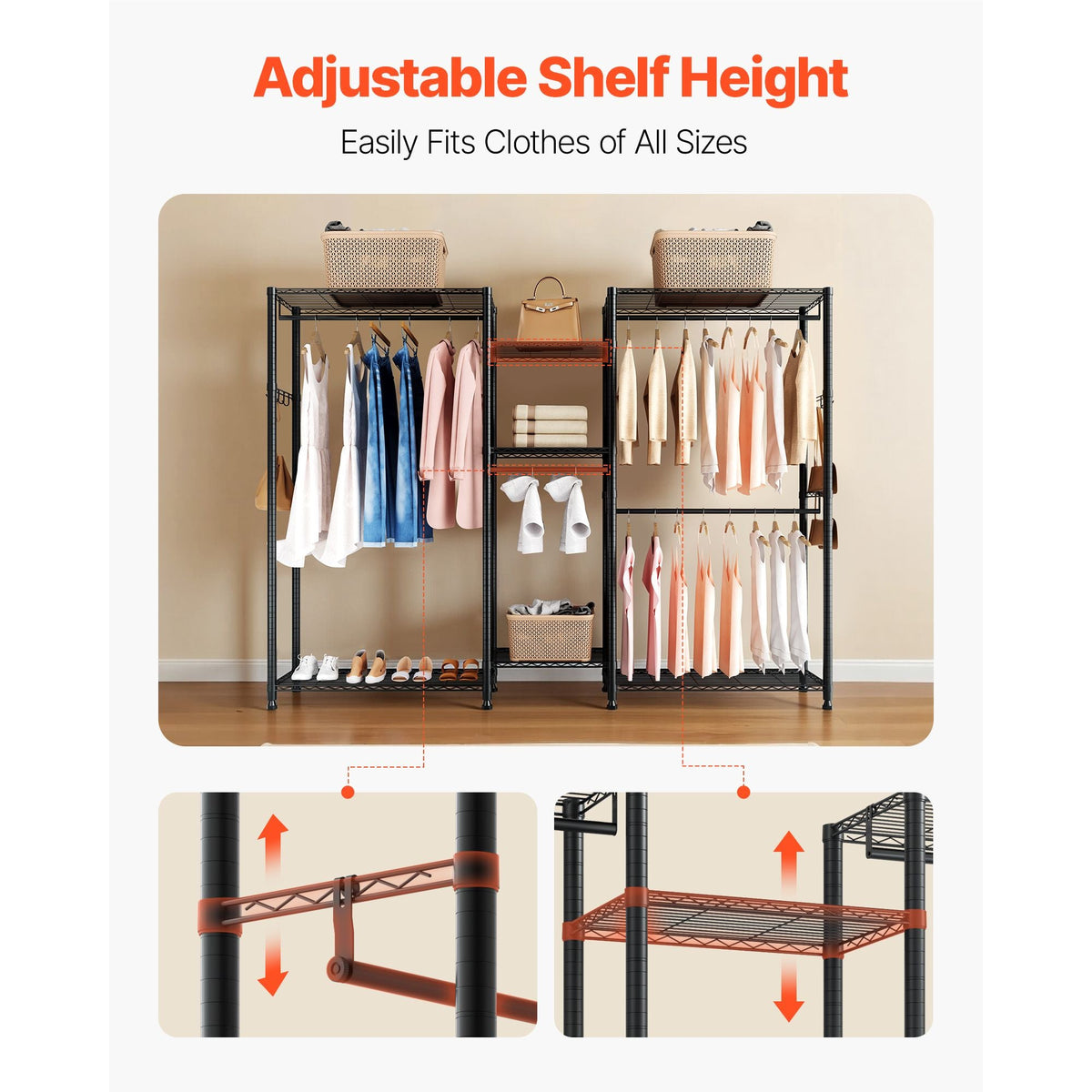 Clothing Garment Rack, Heavy Duty Closet Wardrobe, 7 Adjustable Tiers Clothes Racks with Steel Frame, 850 lbs Load Capacity Clothes Rack with 4 Hanging Rods for Bedroom, Clothing Store, Hallway