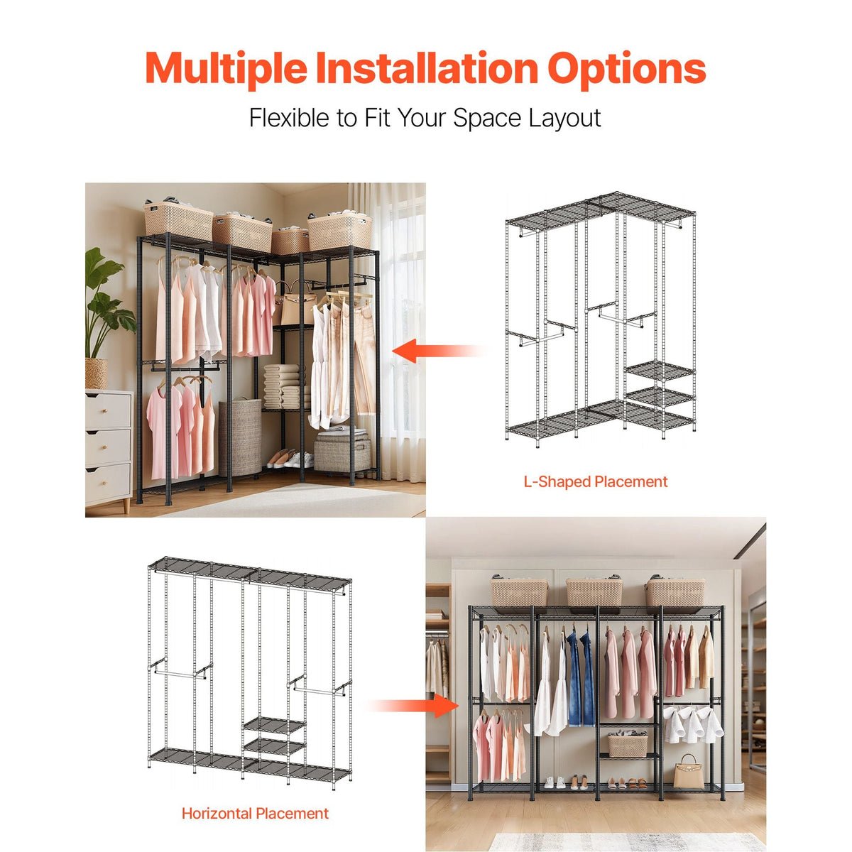 Clothing Garment Rack, Heavy Duty Closet Wardrobe, Adjustable Tiers Clothes Racks with Steel Frame, 1100 lbs Load Capacity Clothes Rack with 4 Hanging Rods for Bedroom, Clothing Store, Hallway