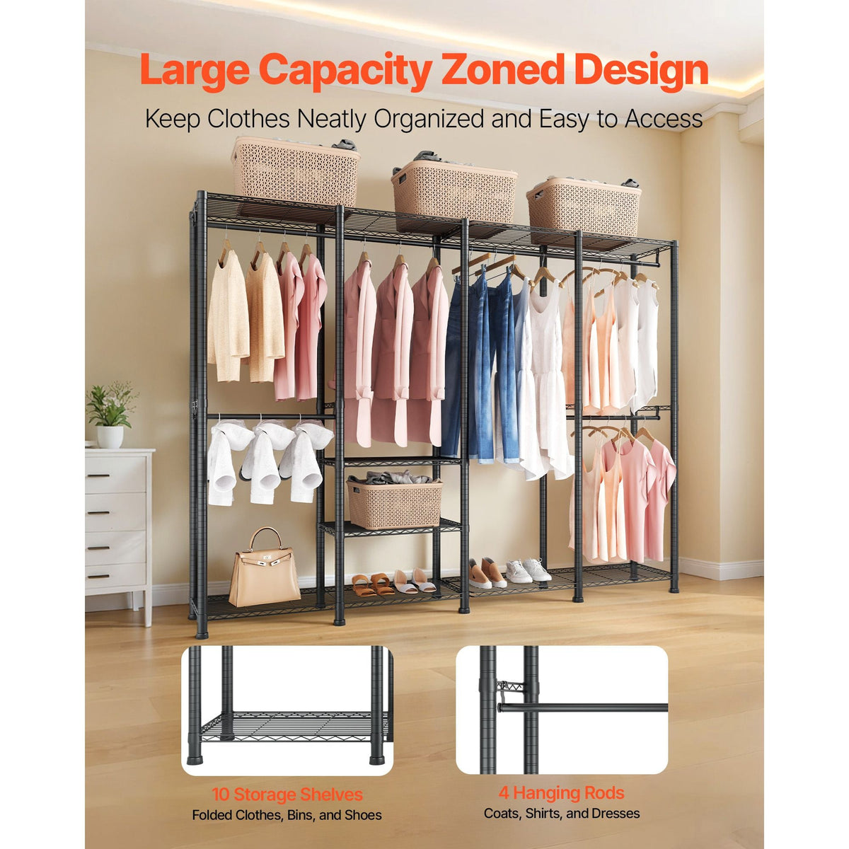 Clothing Garment Rack, Heavy Duty Closet Wardrobe, Adjustable Tiers Clothes Racks with Steel Frame, 1100 lbs Load Capacity Clothes Rack with 4 Hanging Rods for Bedroom, Clothing Store, Hallway
