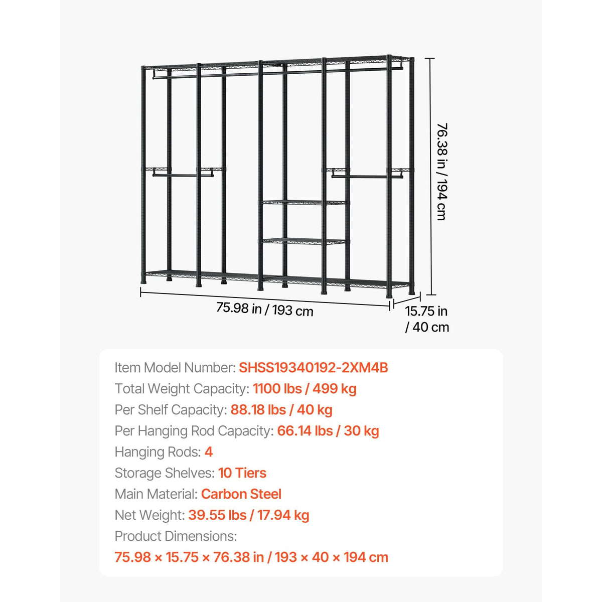 Clothing Garment Rack, Heavy Duty Closet Wardrobe, Adjustable Tiers Clothes Racks with Steel Frame, 1100 lbs Load Capacity Clothes Rack with 4 Hanging Rods for Bedroom, Clothing Store, Hallway