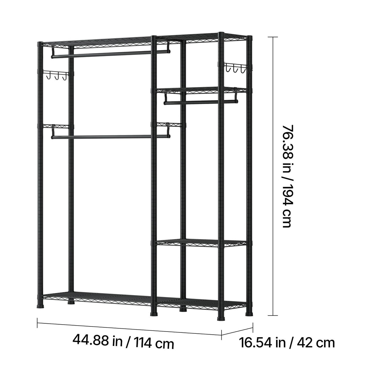 Clothing Garment Rack, Heavy Duty Clothes Rack, 6 Adjustable Tiers Clothes Racks with Steel Frame, 800 lbs Load Capacity Closet Wardrobe with 3 Hanging Rods for Bedroom, Clothing Store, Hallway