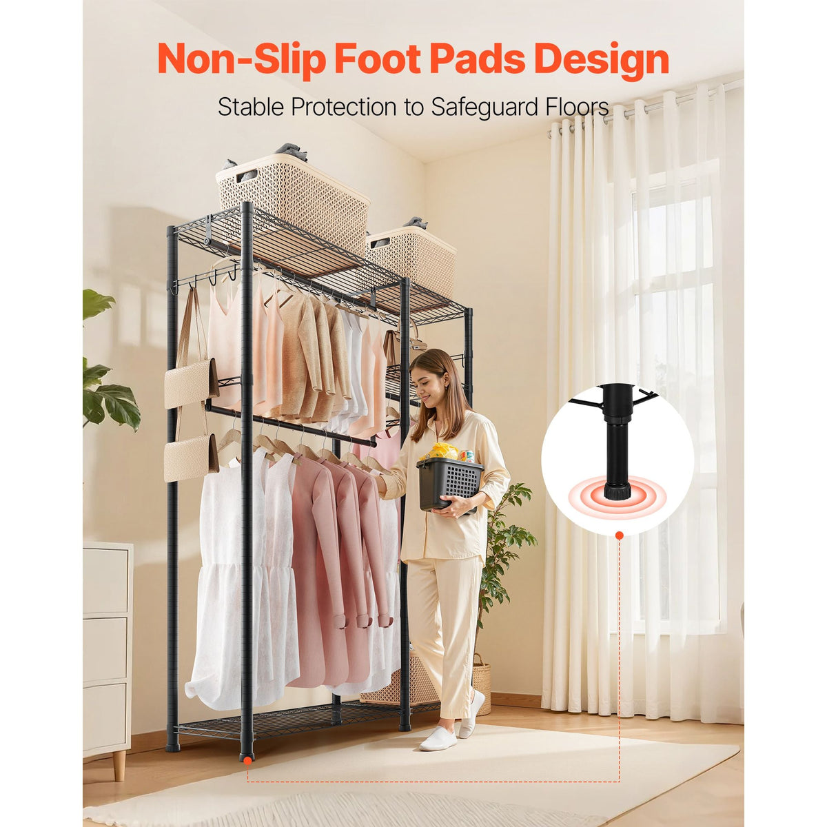 Clothing Garment Rack, Heavy Duty Clothes Rack, 6 Adjustable Tiers Clothes Racks with Steel Frame, 800 lbs Load Capacity Closet Wardrobe with 3 Hanging Rods for Bedroom, Clothing Store, Hallway