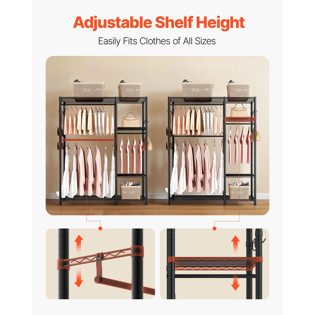 Clothing Garment Rack, Heavy Duty Clothes Rack, 6 Adjustable Tiers Clothes Racks with Steel Frame, 800 lbs Load Capacity Closet Wardrobe with 3 Hanging Rods for Bedroom, Clothing Store, Hallway