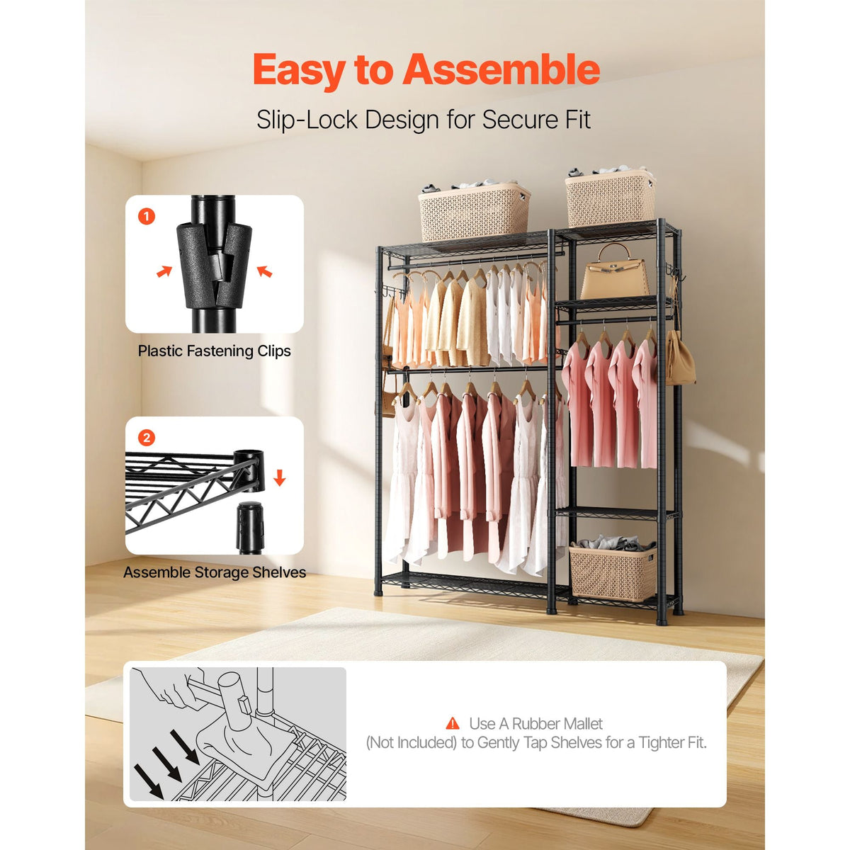Clothing Garment Rack, Heavy Duty Clothes Rack, 6 Adjustable Tiers Clothes Racks with Steel Frame, 800 lbs Load Capacity Closet Wardrobe with 3 Hanging Rods for Bedroom, Clothing Store, Hallway