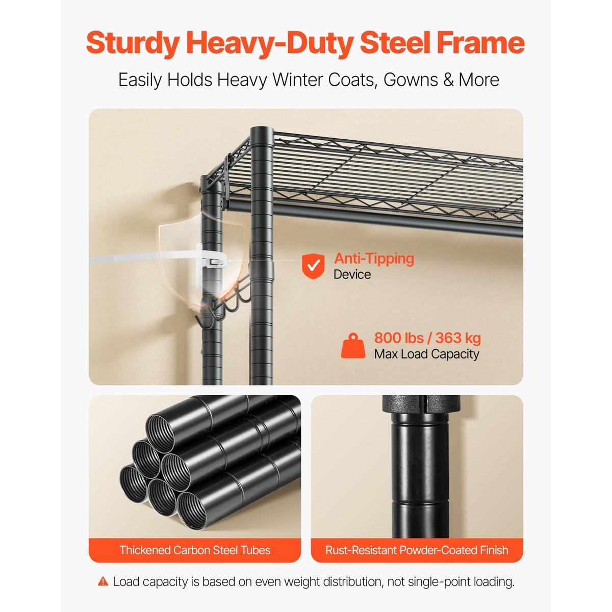 Clothing Garment Rack, Heavy Duty Clothes Rack, 6 Adjustable Tiers Clothes Racks with Steel Frame, 800 lbs Load Capacity Closet Wardrobe with 3 Hanging Rods for Bedroom, Clothing Store, Hallway