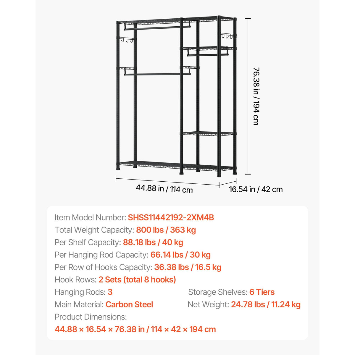 Clothing Garment Rack, Heavy Duty Clothes Rack, 6 Adjustable Tiers Clothes Racks with Steel Frame, 800 lbs Load Capacity Closet Wardrobe with 3 Hanging Rods for Bedroom, Clothing Store, Hallway