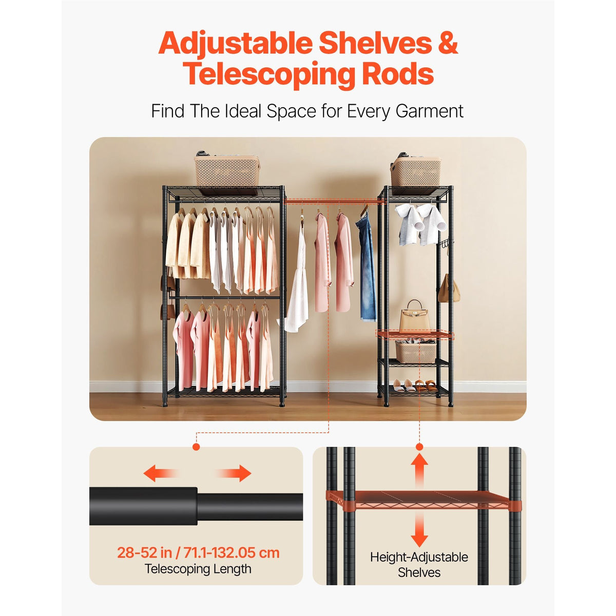 Clothing Garment Rack, Heavy Duty Clothes Rack, Freestanding Clothes Racks with Steel Frame, 800 lbs Load Capacity Closet Wardrobe with Storage Shelves for Bedroom, Clothing Store, Hallway
