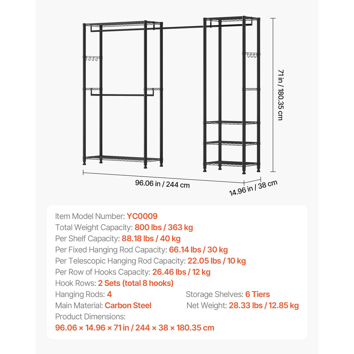 Clothing Garment Rack, Heavy Duty Clothes Rack, Freestanding Clothes Racks with Steel Frame, 800 lbs Load Capacity Closet Wardrobe with Storage Shelves for Bedroom, Clothing Store, Hallway