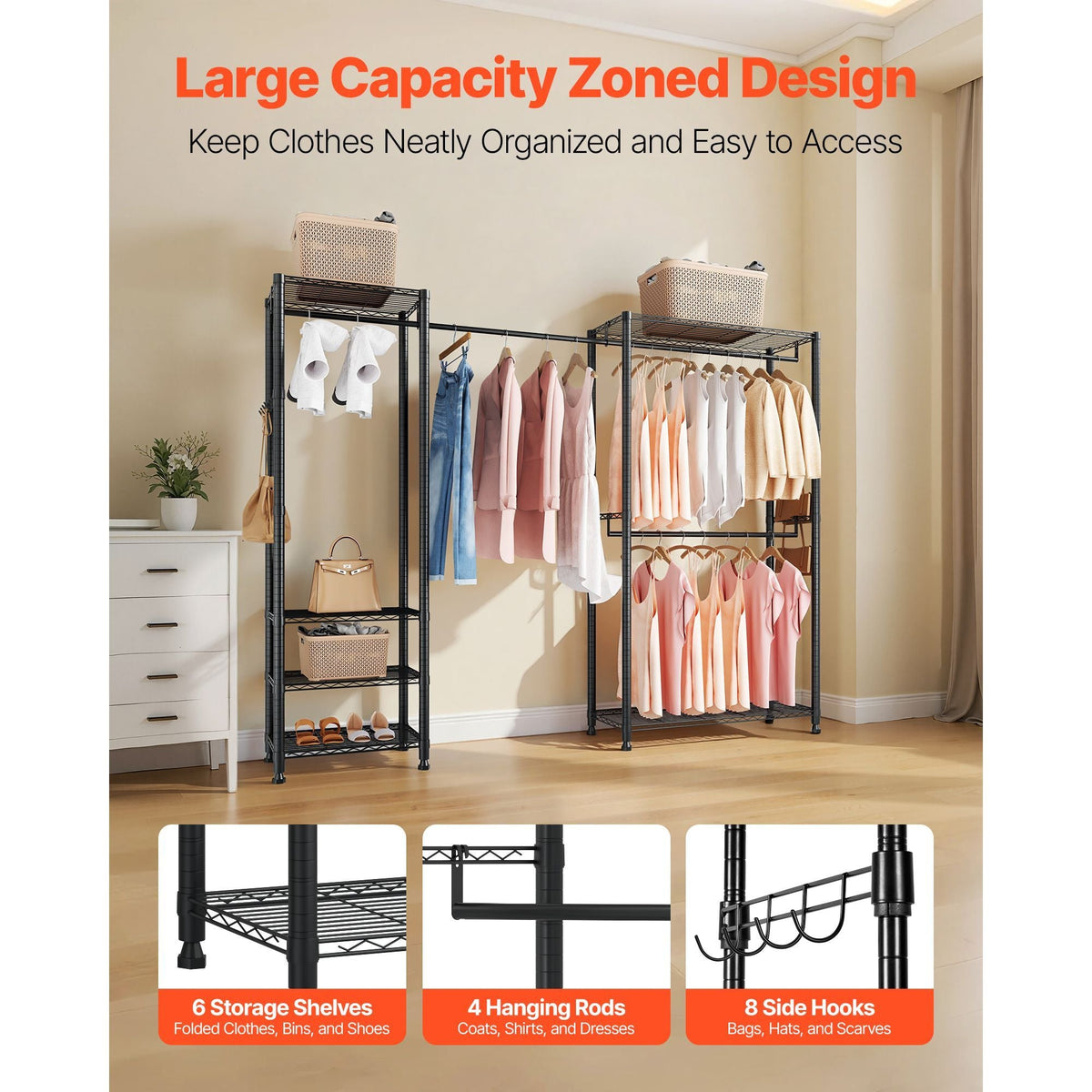 Clothing Garment Rack, Heavy Duty Clothes Rack, Freestanding Clothes Racks with Steel Frame, 800 lbs Load Capacity Closet Wardrobe with Storage Shelves for Bedroom, Clothing Store, Hallway