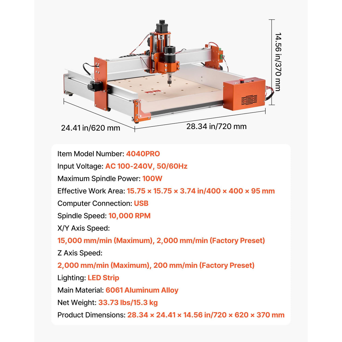 CNC Router Machine, 100W Spindle, 3-Axis Wood Engraving Milling Machine, with 15.75 x 15.75 x 3.74 in Working Area, Linear Rail, Aluminum Alloy Structure, for Wood Acrylic Carving Cutting