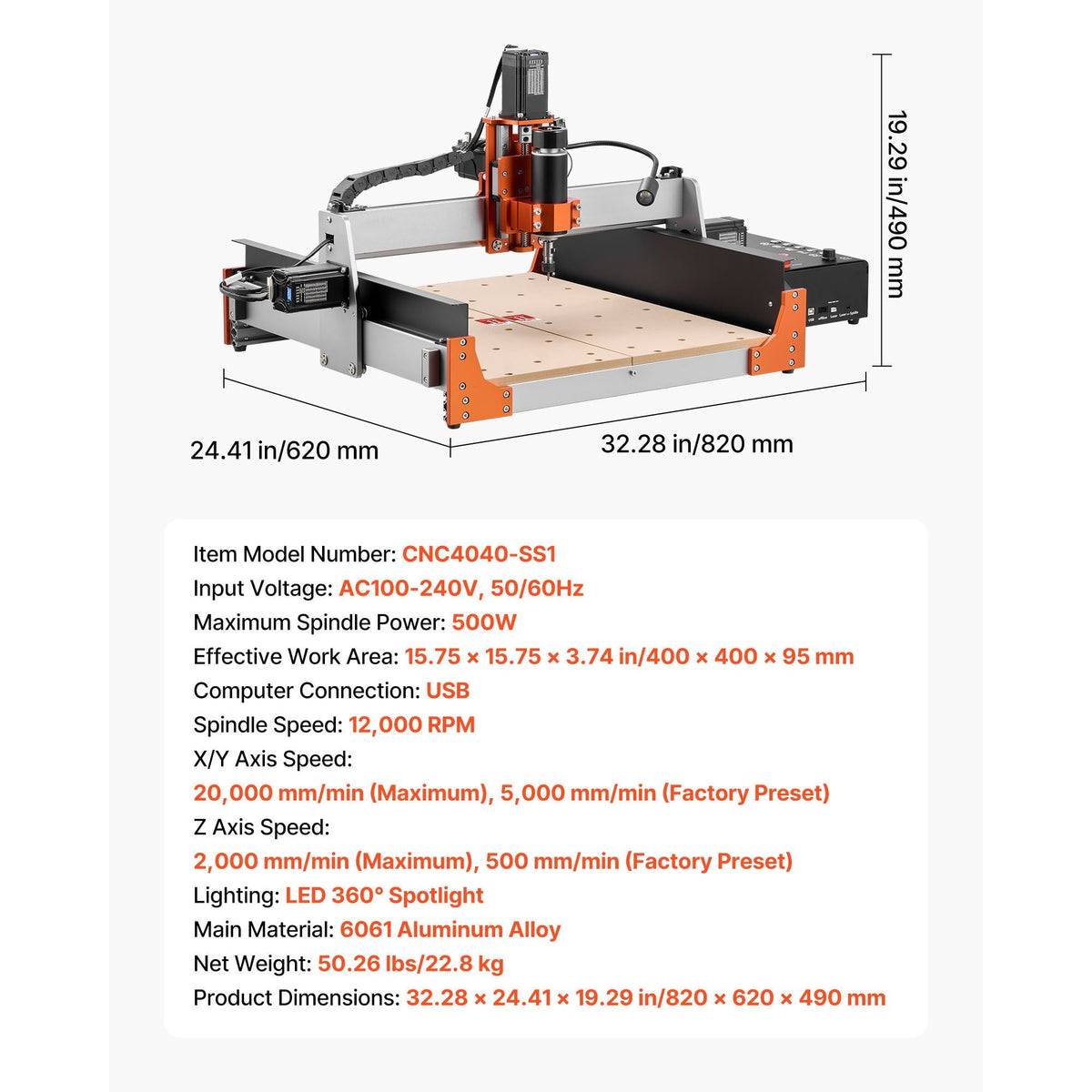 CNC Router Machine, 500W Spindle, 3-Axis Wood Engraving Milling Machine, with Dual Linear Rails & Ball Screw, 15.75 x 15.75 x 3.74 in Working Area, Trim Router, for Wood Acrylic Carving Cutting