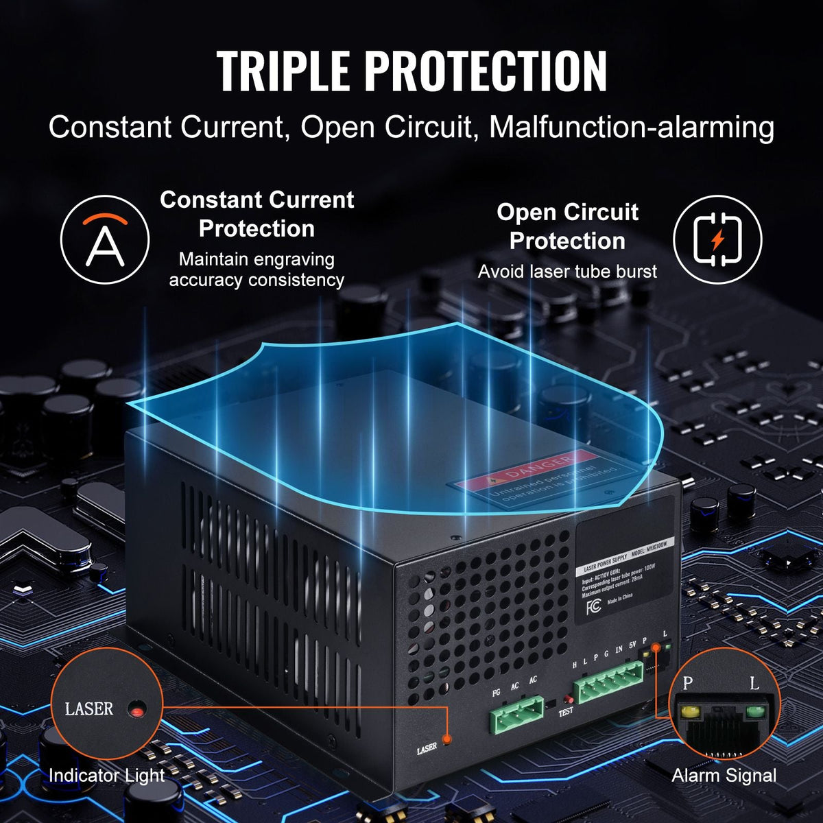 CO2 Laser Power Supply, 100W, Power Supply for 100W Laser Tube, Constant Current Protection, Open Circuit Protection, Fast Heat Dissipation, Compatible for Multi-brand Laser Engravers & Cutters