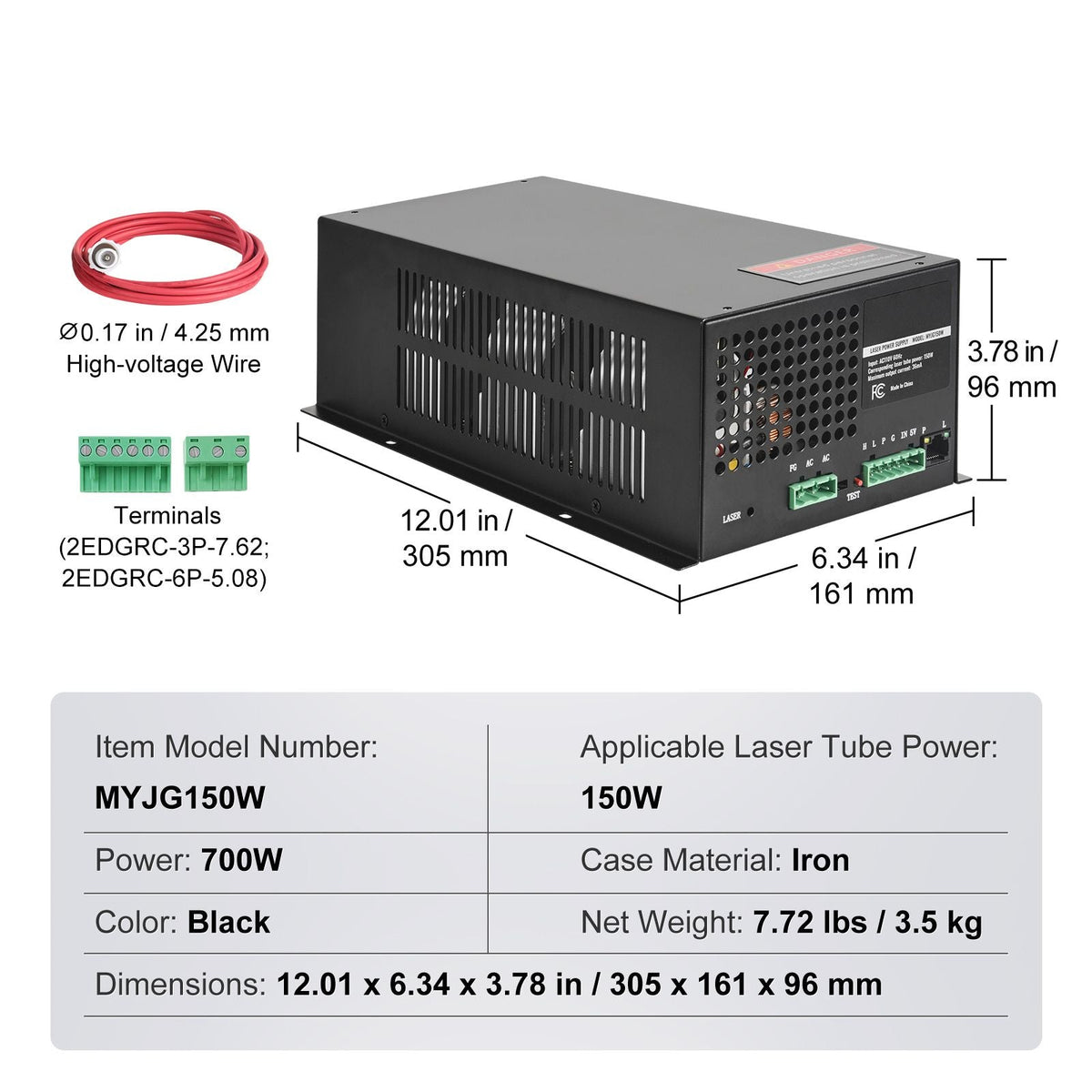 CO2 Laser Power Supply, 150W, Power Supply for 150W Laser Tube, Constant Current Protection, Open Circuit Protection, Fast Heat Dissipation, Compatible for Multi-brand Laser Engravers & Cutters