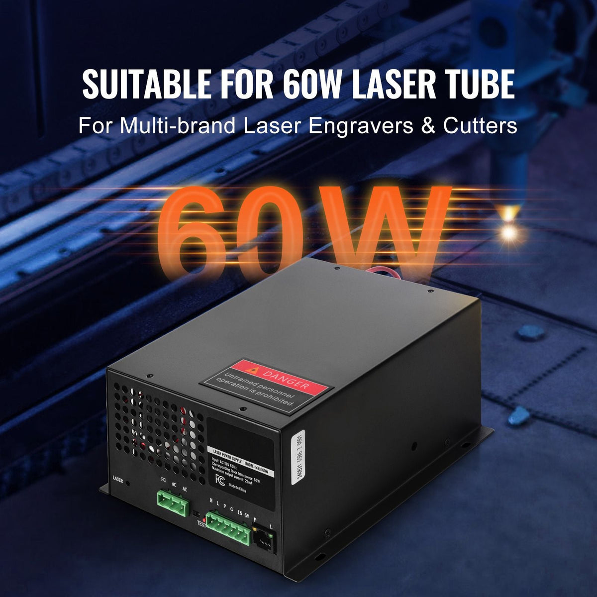 CO2 Laser Power Supply, 60W, Power Supply for 60W Laser Tube, Constant Current Protection, Open Circuit Protection, Fast Heat Dissipation, Compatible for Multi-brand Laser Engravers & Cutters