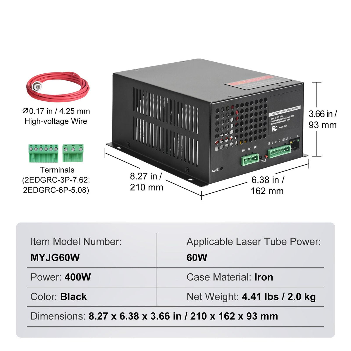 CO2 Laser Power Supply, 60W, Power Supply for 60W Laser Tube, Constant Current Protection, Open Circuit Protection, Fast Heat Dissipation, Compatible for Multi-brand Laser Engravers & Cutters
