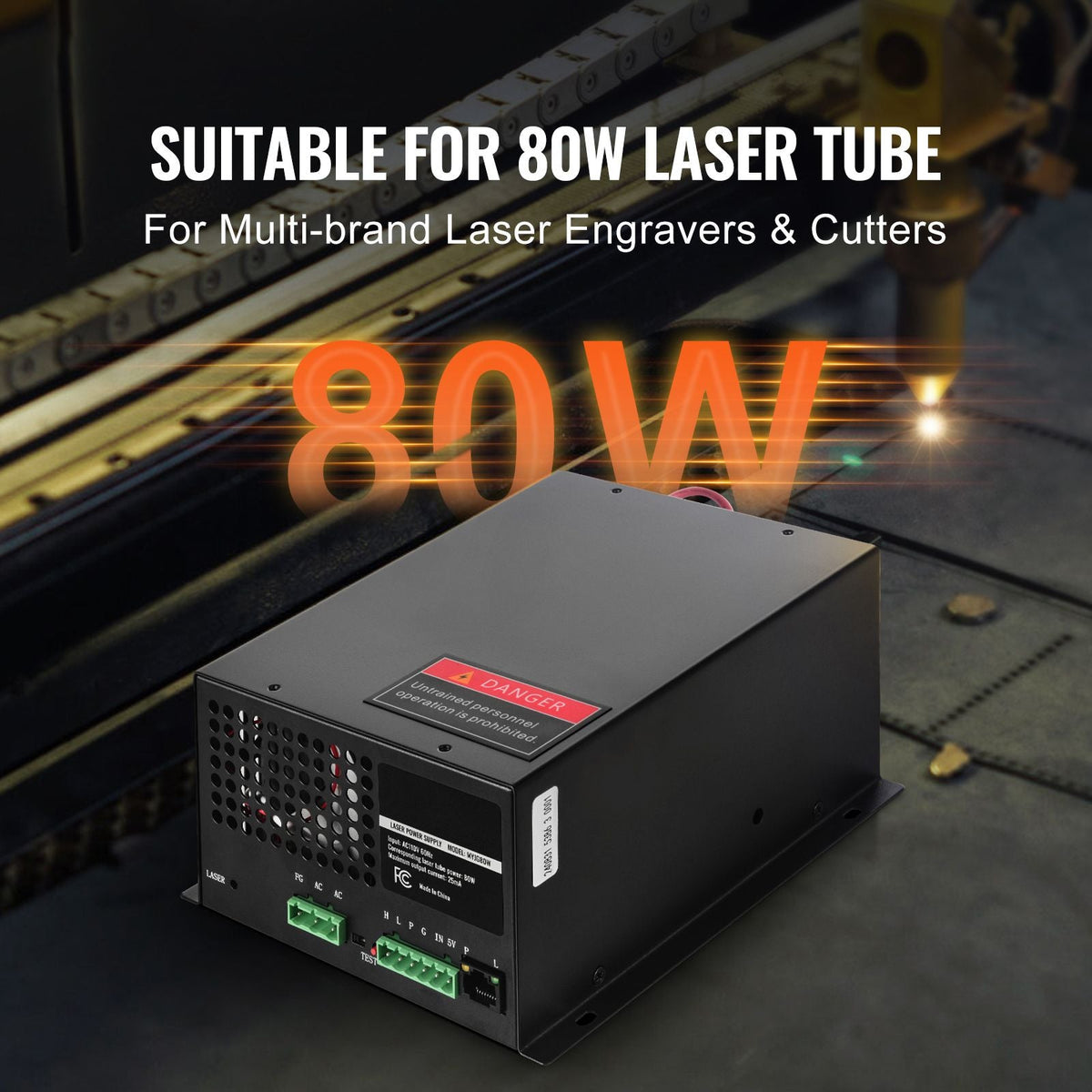 CO2 Laser Power Supply, 80W, Power Supply for 80W Laser Tube, Constant Current Protection, Open Circuit Protection, Fast Heat Dissipation, Compatible for Multi-brand Laser Engravers & Cutters