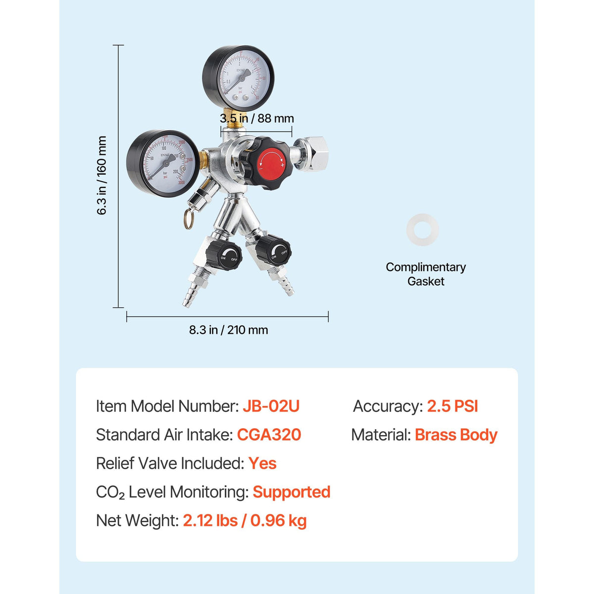 CO2 Regulator, Dual-Gauge Dual-Valve Beer Keg Regulator, 0–60 PSI Adjustable Pressure, Heavy-Duty CO2 Tank Gas Regulator with 2 Check Valves, for Draft Beer Homebrewing, Fits CGA320 Interface