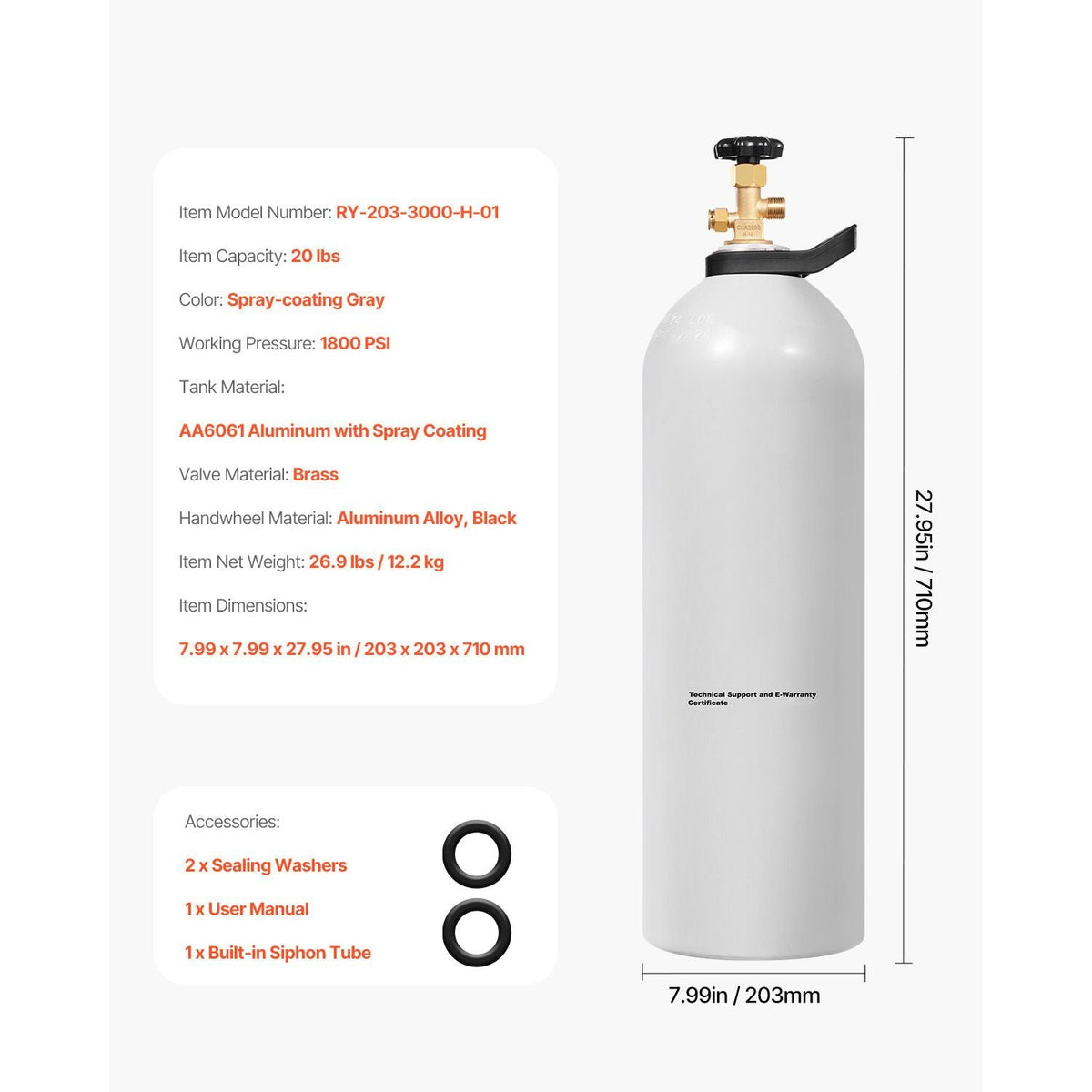 CO2 Tank, 20 lbs New Aluminum Alloy Cylinder, CO2 Air Tank with Light Spray Coating, CGA320 Valve, Handle & Purple Copper Siphon, DOT Approved Cylinder for Draft Beer Dispensing and Soda Maker