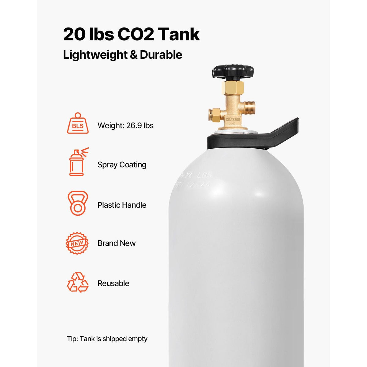 CO2 Tank, 20 lbs New Aluminum Alloy Cylinder, CO2 Air Tank with Light Spray Coating, CGA320 Valve, Handle & Purple Copper Siphon, DOT Approved Cylinder for Draft Beer Dispensing and Soda Maker
