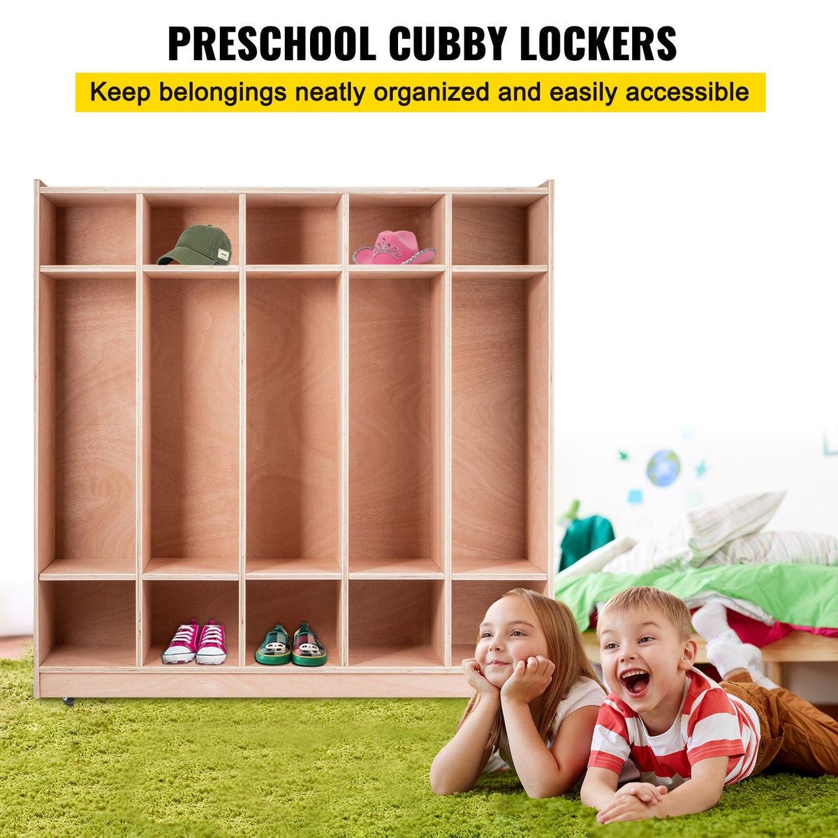 Coat Locker, 5-Section Daycare Cubby Coat Rack 48×13×48 inch, Classroom Coat Locker and Backpack Hanger, with 5 Hooks and Storage Boxes, for Kindergarten & School, Natural