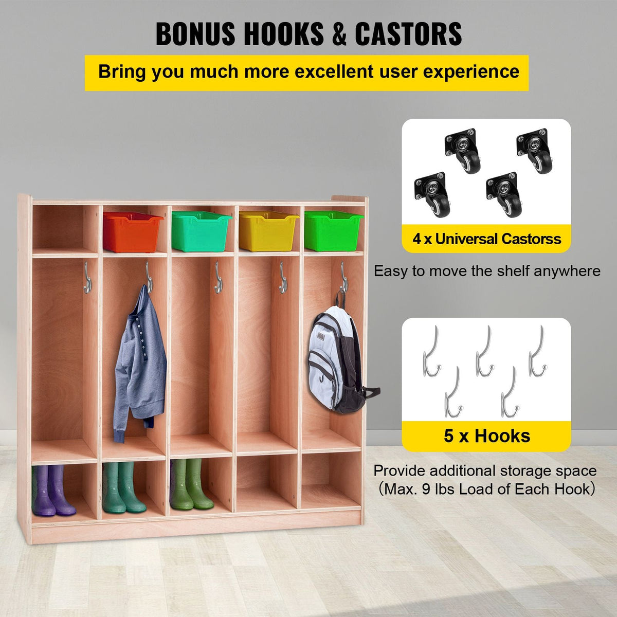 Coat Locker, 5-Section Daycare Cubby Coat Rack 48×13×48 inch, Classroom Coat Locker and Backpack Hanger, with 5 Hooks and Storage Boxes, for Kindergarten & School, Natural