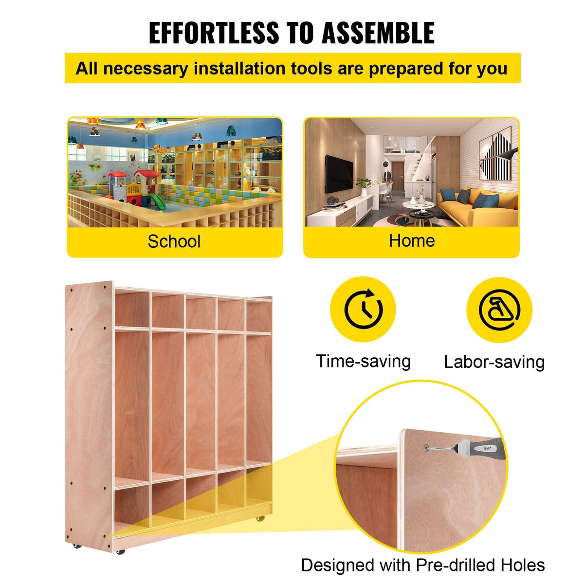 Coat Locker, 5-Section Daycare Cubby Coat Rack 48x12x48 inch, Classroom Coat Locker and Backpack Hanger, with 5 Hooks and Storage Boxes, for Kindergarten & School, Natural