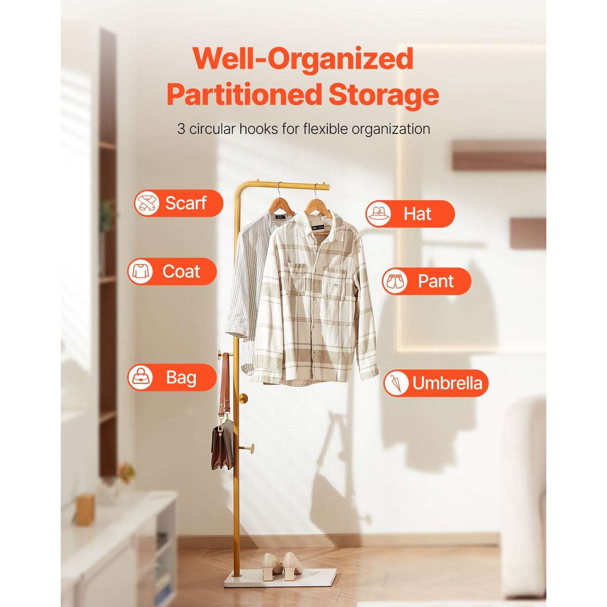 Coat Rack, Freestanding Coats Rack Stand with Quartz Stone Base & 3 Round Hooks, Free Standing Hall Coat Tree for Entryway, Bedroom, Living Room, Stylish Clothes Hanger Stand for Coats, Hat, Bag