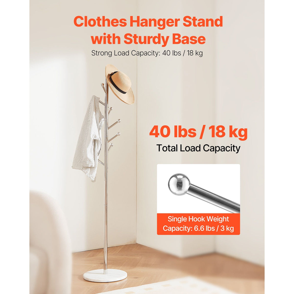 Coat Rack, Freestanding Coats Rack Stand with Stable Marble Base & 8 Hooks, Free Standing Hall Coat Tree for Entryway, Bedroom, Office, Living Room, Modern Clothes Hanger for Coats, Hats, Bags