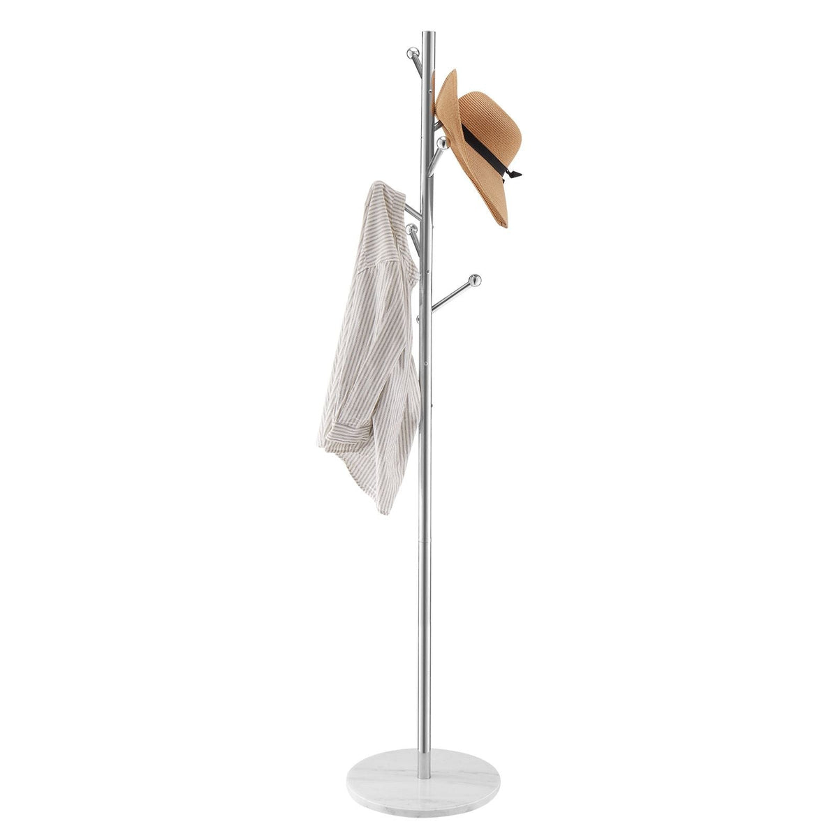 Coat Rack, Freestanding Coats Rack Stand with Stable Marble Base & 8 Hooks, Free Standing Hall Coat Tree for Entryway, Bedroom, Office, Living Room, Modern Clothes Hanger for Coats, Hats, Bags