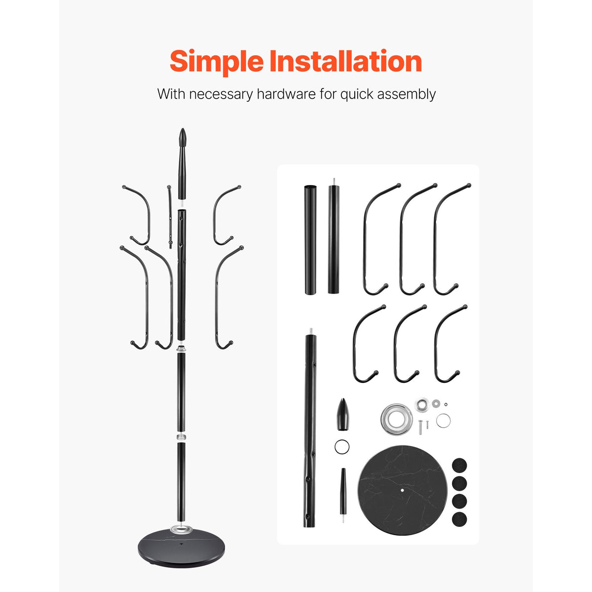 Coat Rack Freestanding, Coats Tree Stand with Stable Marble Base & 6 Hooks, Free Standing Hall Coat Rack for Entryway, Bedroom, Office, Living Room, Modern Clothes Hanger for Coats, Hats, Bags
