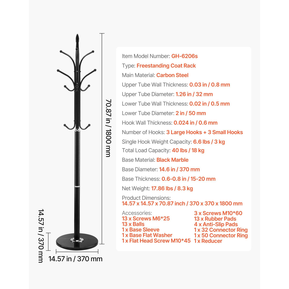 Coat Rack Freestanding, Coats Tree Stand with Stable Marble Base & 6 Hooks, Free Standing Hall Coat Rack for Entryway, Bedroom, Office, Living Room, Modern Clothes Hanger for Coats, Hats, Bags