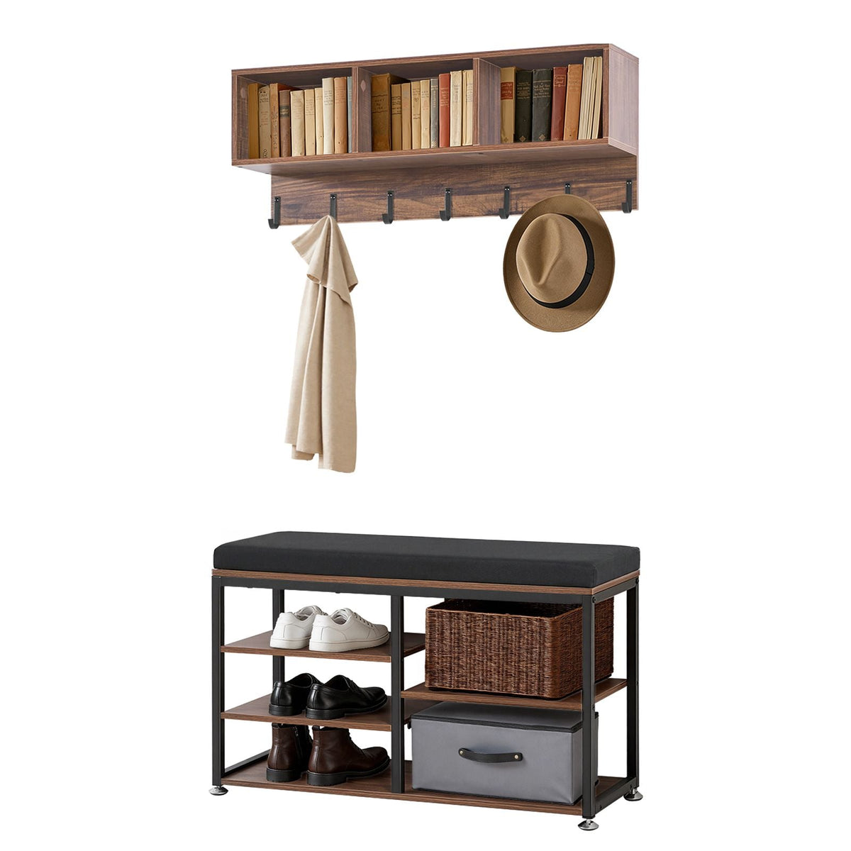 Coat Rack with Shoe Bench, 3-in-1 Shoe Coat Rack Combo Set with Hooks and Bookshelf, Steel Frame Hall Tree Entrance Storage Organizer Holder for Entry, Bedroom, Closet, Office, Rustic Brown