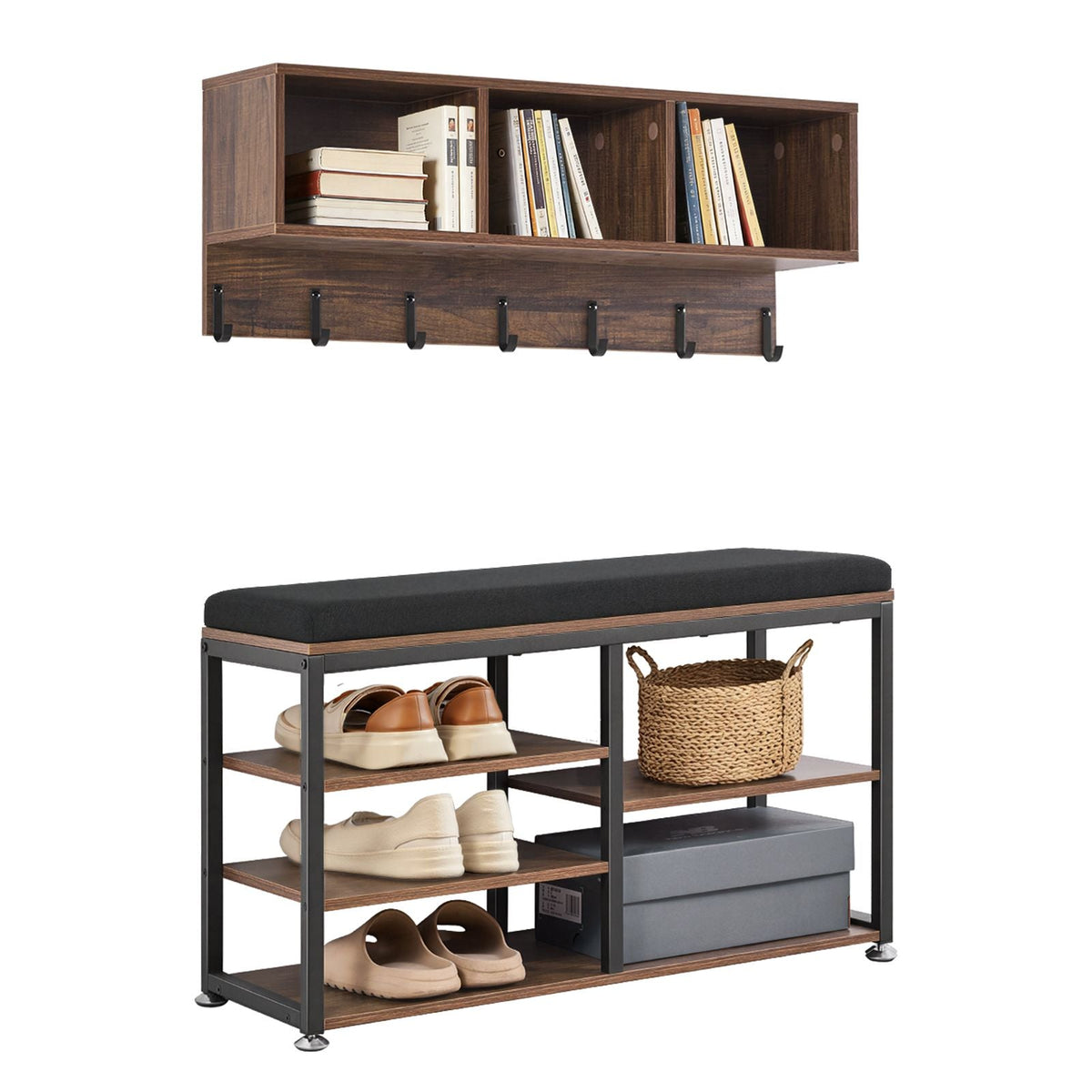 Coat Rack with Shoe Bench, 3-in-1 Shoe Coat Rack Combo Set with Hooks and Bookshelf, Steel Frame Hall Tree Entrance Storage Organizer Holder for Entry, Bedroom, Closet, Office, Rustic Brown