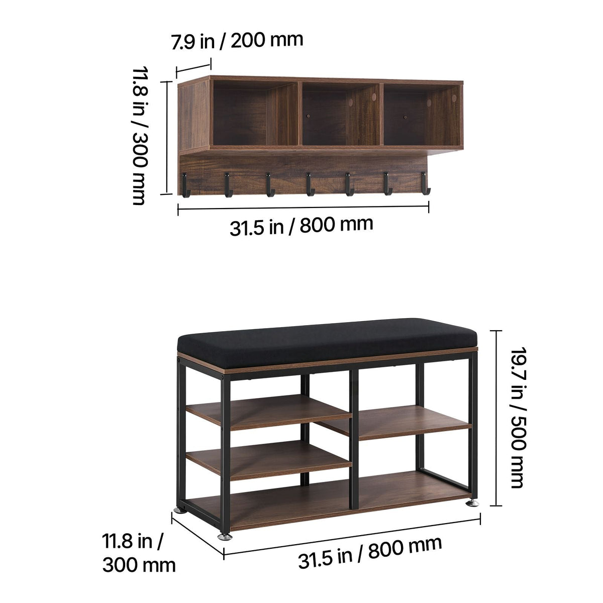Coat Rack with Shoe Bench, 3-in-1 Shoe Coat Rack Combo Set with Hooks and Bookshelf, Steel Frame Hall Tree Entrance Storage Organizer Holder for Entry, Bedroom, Closet, Office, Rustic Brown