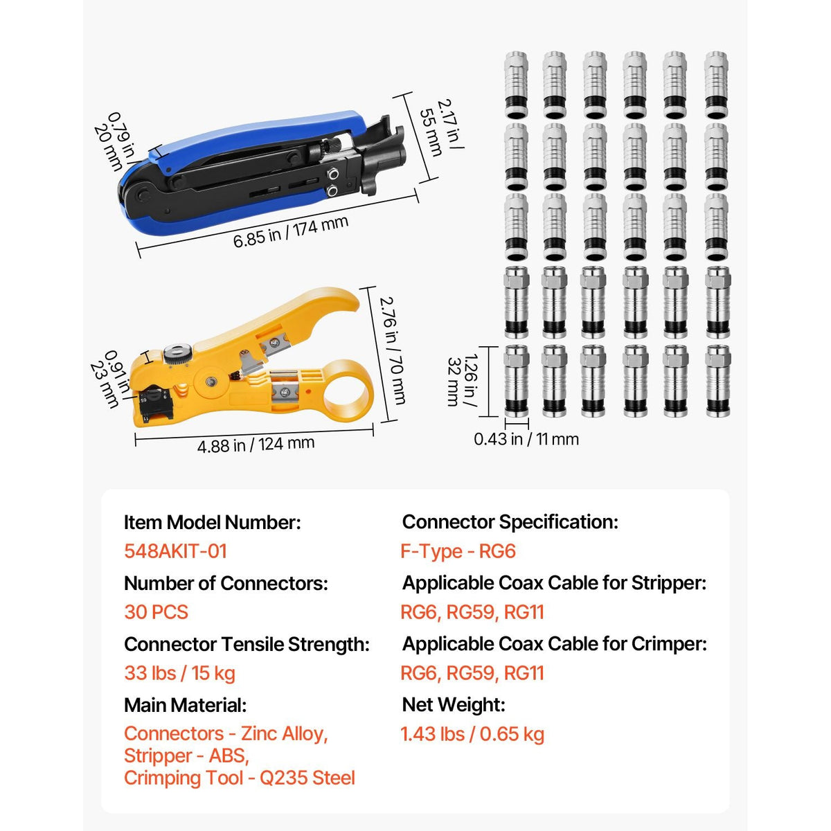 Coax Cable Crimper Kit, Coaxial Cable Compression Kit with a Crimping Tool, a Wire Stripper, and 30PCS F-Type RG6 Connector, Compatible with RG6, RG59, RG11 Coax Cable, Lightweight & Portable