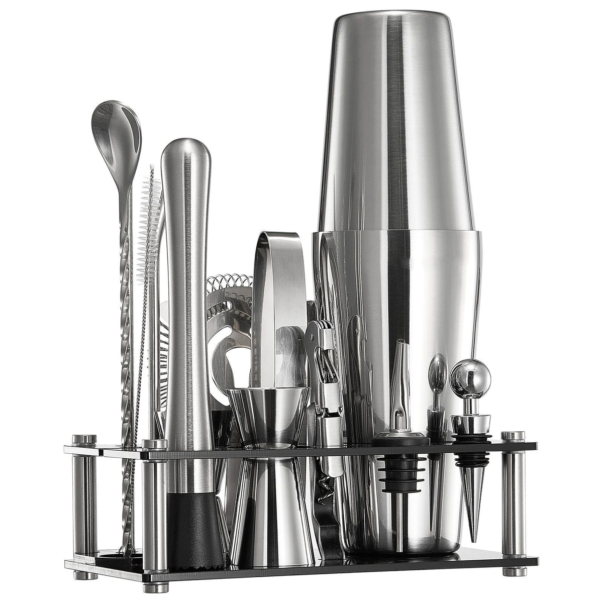Cocktail Shaker Set, 14-Piece Stainless Steel Bar Tools with Acrylic Stand, Boston Bartender Kit Accessories | Mixer Spoon, Muddler, Jiggers, Strainer, Liquor Pourer, Ice Tong, Corkscrew, Silver