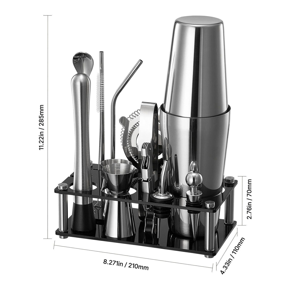 Cocktail Shaker Set, 14-Piece Stainless Steel Bar Tools with Acrylic Stand, Boston Bartender Kit Accessories | Mixer Spoon, Muddler, Jiggers, Strainer, Liquor Pourer, Ice Tong, Corkscrew, Silver