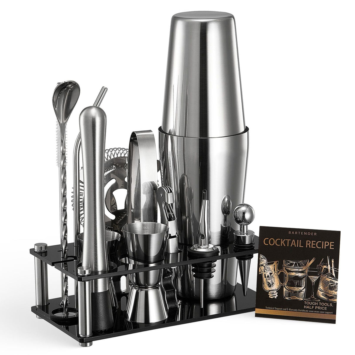 Cocktail Shaker Set, 14-Piece Stainless Steel Bar Tools with Acrylic Stand, Boston Bartender Kit Accessories | Mixer Spoon, Muddler, Jiggers, Strainer, Liquor Pourer, Ice Tong, Corkscrew, Silver
