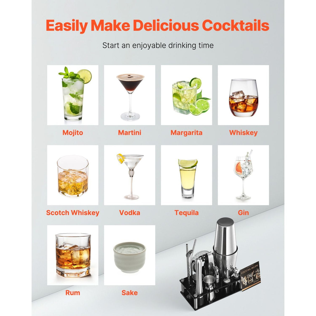 Cocktail Shaker Set, 14-Piece Stainless Steel Bar Tools with Acrylic Stand, Boston Bartender Kit Accessories | Mixer Spoon, Muddler, Jiggers, Strainer, Liquor Pourer, Ice Tong, Corkscrew, Silver